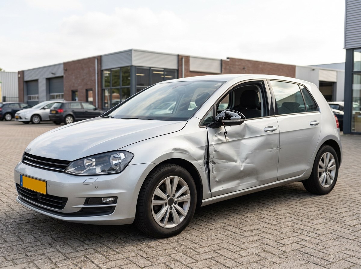 Auto met zijschade en gedeukte spiegel